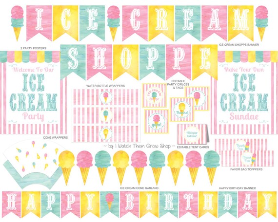 Ice Cream Party Printables Set, Ice Cream Shoppe Party Decorations, Ice ...