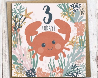 3rd birthday card, crab birthday card, three today, children's birthday card, kids birthday card, first birthday card