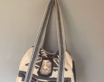 vintage navajo duffle bag, cotton, black, grey white, southwestern styled duffle bag, Mexican blanket