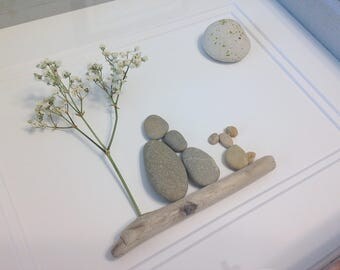 Couple with Dog Pebble Art ~ unique birthday gift, 5th anniversary gift wood, retirement gift, engagement gift, wedding gift, handmade