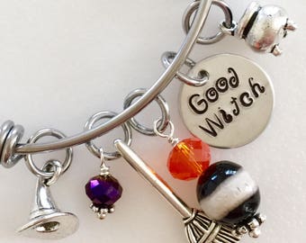 Halloween Bangle, Halloween Bracelet, "Good Witch" "Bad Witch" Hand Stamped Disc, Witch Hat, Broom, Caldron, Adjustable Stainless Steel