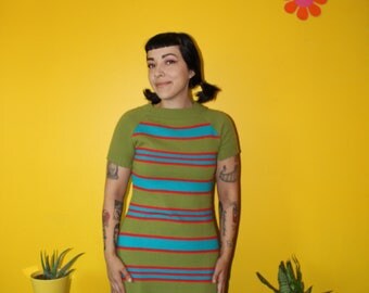 Vintage 1960's Acrylic Knit Sweater dress Olive green Turquoise striped
