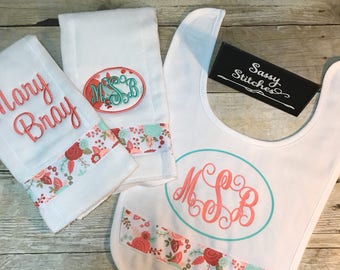Bib and burp cloths sets, baby bib, baby burp cloth, personalized baby gifts, monogrammed baby Adams, baby shower gifts, baby gift set,