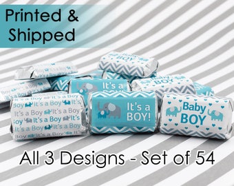 Teal Blue Elephant Boy Baby Shower Favor Stickers - Hershey Miniatures Candy Bar Labels - Boy Little Peanut Blue and Gray Chevron, Set of 54