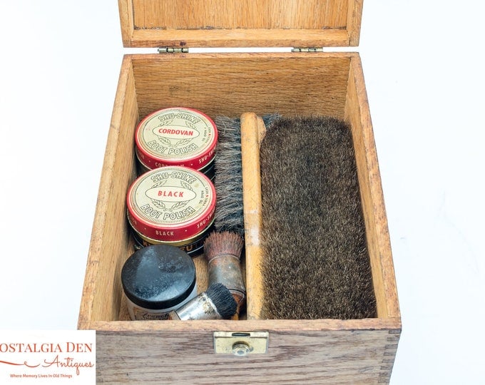 Vintage Shoe Shine Box | Griffin Shinemaster Kit | Finger Jointed Oak Chest