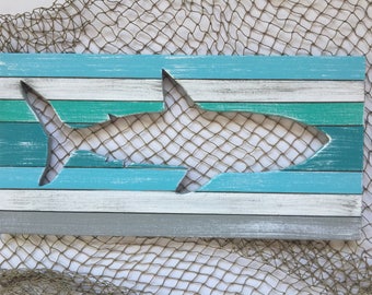 Shark Beach Wall Art Wood Wall Art Beach Decor Nautical Coastal Decor Shark Art Jaws Fisherman