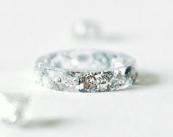 Clear Faceted Resin Ring With Silver Flakes - Resin Stacking Ring