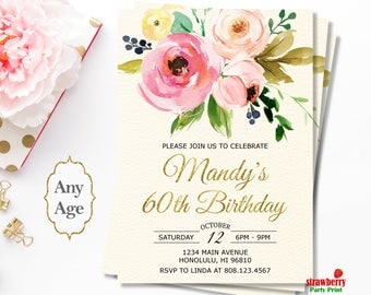 60th Birthday Invitations for Women. Sixty and Fabulous Invitation. Floral Birthday Invitation. Cheers to 60 Years. Gold Foil. A32
