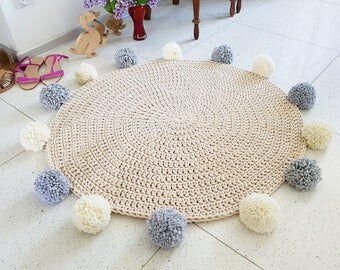 Promotion Sweet Creamy Pom pom round rug, mat bohemian crochet vintage colorful bebe carpet teppich hippie houseware tapis enfant kids rugs