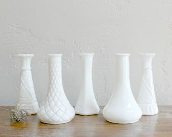 5 Milk Glass Vases, Milk Glass Bud Vases, Wedding Table Decor, Set of Vases, Milk Glass Candlesticks, Vase Collection, Cottage Chic Vases
