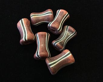 6 Terracotta Striped Dogbone Antique Trade Beads - Rare