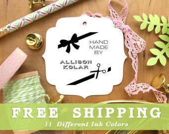 Custom Handmade By Stamp, Scissors & Ribbon Stamp, Personalized Hand Made By Stamp, Wood Engraved or Self-Inking Stamp Style, Free Shipping