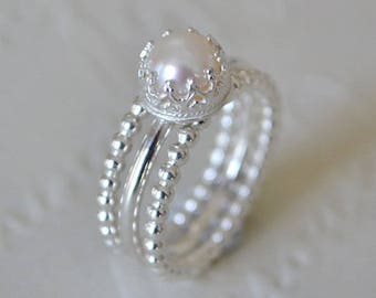 Freshwater Pearl & Sterling Silver Crown Stacking Ring Set. Pearl Ring. Stacking Rings. White Pearl. Crown Set Ring. Wedding. Gift.