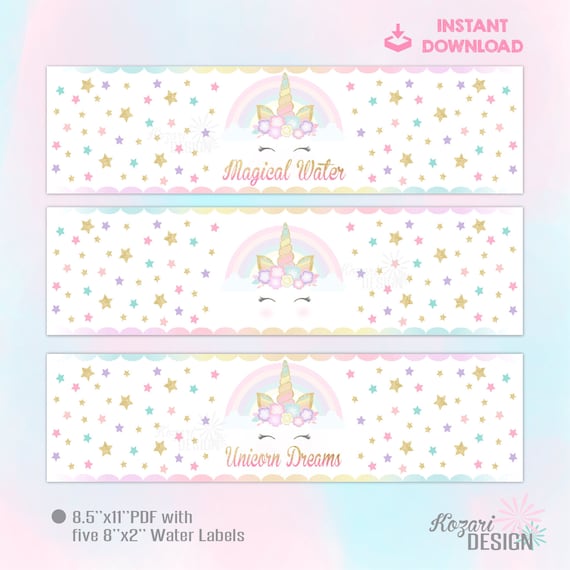 unicorn water bottle labels unicorn party decor printable