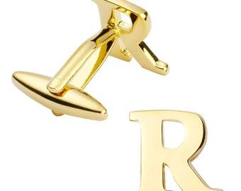 Initial Cufflinks GOLD Letter R Monogram Alphabet Cuff Links For Groomsmen Groom Wedding Gift