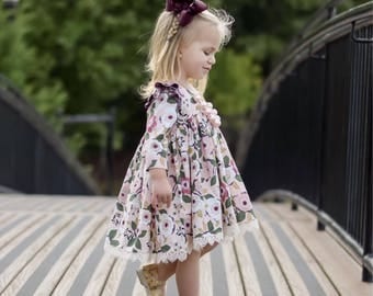 Clara Dress - Custom Ruffle Dress - Pink Floral Dress - Fall Floral Dress - Girls Long Sleeve Dress - Girls Short Sleeve Dress - Lace Dress