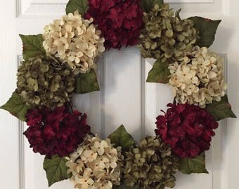 Holiday Hydrangea Wreath - Winter Wreath for Front Door - Red Holiday Wreath - Hydrangea Door Hanger - Door Decoration - Flower Door Wreath