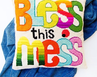 Vintage Crewel Pillow BLESS THIS MESS Multi-Color 1970's cushion cover