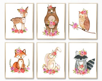 Girl Woodland Nursery Print Set. Floral Woodland Nursery Decor. Girl Forest Animals Wall Art. Woodland Nursery art. Digital Prints. Nursery