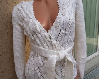 Cardigan . Handmade knitted vest . Elegant white vest.Ladies cardigan handmade.