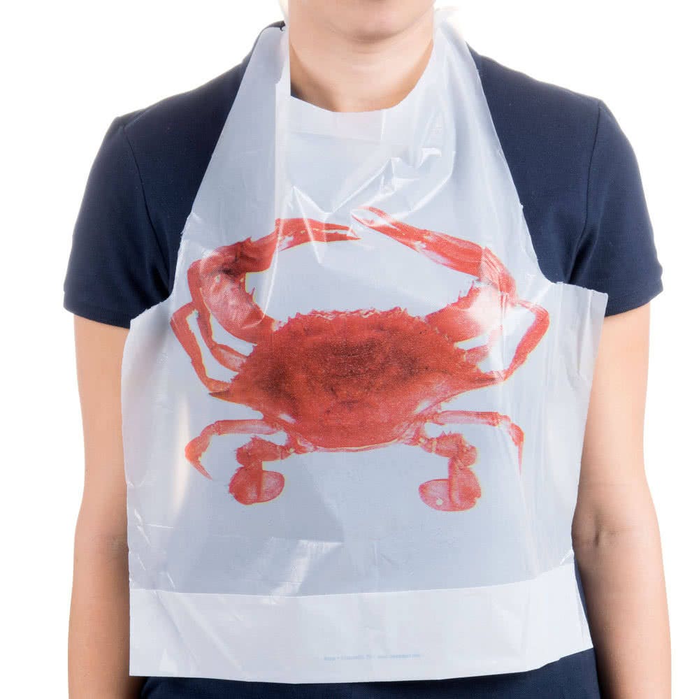 Pack of 12 disposable Adult size crab bibs. Poly plastic