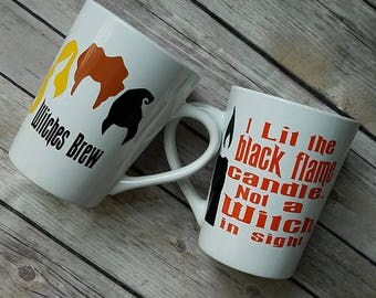 Hocus pocus mugs, witches brew, black flame candle, Sanderson sisters, Halloween, bookstagram, all Hallows eve, Witch Cup, Pop-culture item