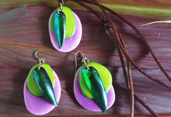 Layered Jewel Beetle Jewelry Set - Tagua Nut Necklace and Earrings - Jewel Beetle Wing Necklace and Earrings - Purple and Green Jewelry Set