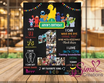 Sesame Street Birthday Chalkboard Poster, Sesame Street First Birthday Milestone Chalkboard, Sesame Street Printable Chalkboard Poster