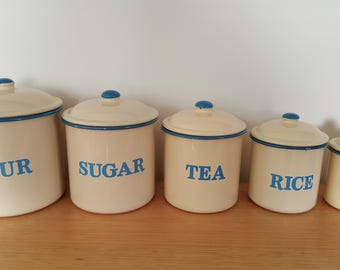 Set 5 Enamel Lidded Kitchen Cannisters