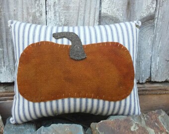 Blue Ticking Pumpkin Pillow | Vintage Wool | Fall Farmhouse | Fall Pillow