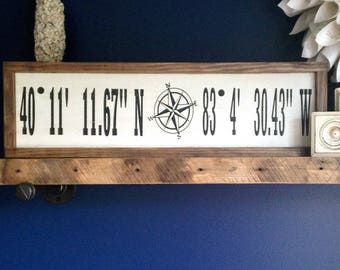CUSTOM Longitute/Latitude Sign Painted Farmhouse Style Sign 25.5"x7.5". GPS coordinates sign, Nautical Compass Sign, Realtor Closing Gift