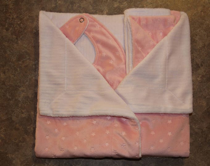 Infant Baby Blanket, Reversible Minky Pink Star and White Burp Cloth, Baby Gift Set, Baby Shower, Receiving Blanket