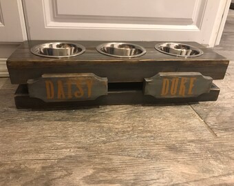Small Raised Triple Dog Bowl Feeder Mini Rustic Raised Crate Three Dog Bowl Stand Elevated Dog Bowls Dog Feeder Feeding Stand Rustic