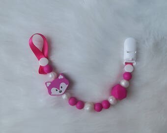 Silicone pacifier clip, Teething pacifier clip, teething, baby shower gift, silicone beads, baby beads, wooden fox, Fuschia