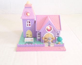 Vintage polly pocket Pollyville Wedding Chapel Church with Groom bluebird toys 1993 light up