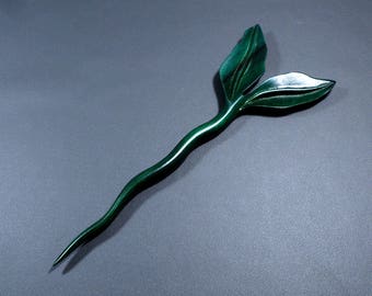 Wooden hair pins, hair sticks, hair forks 1 prong, wood carving 2 leaves, women hair accessories, teal color polyurethane finish