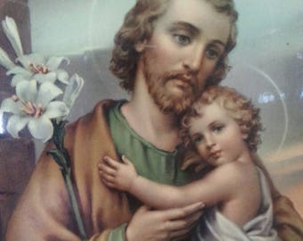 Vintage Celluloid Religious Picture / Saint Joseph and Infant Jesus Picture