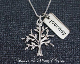 Tree Of Life Journey Word Charm Sterling Silver Necklace, Symbolic Family Tree Gift Sister Mom, Tree Journey Life Gift, Tree O Life Necklace