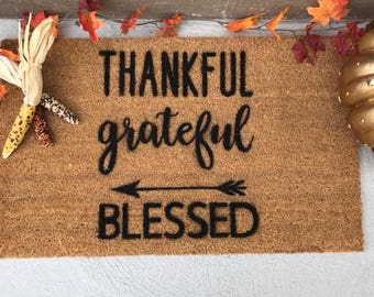 Thankful Grateful, Blessed Doormat with Arrow - Fall Doormat