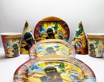 Paper tableware Ninjago. Paper tableware for children's holiday or birthday. Set for children's holiday, party or birthday. Ninjago party.
