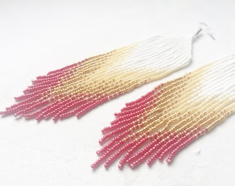 Long statement earrings, bridesmaids jewelry, bride earrings, wedding earrings, native american earrings, seed beaded tribal jewelry, ombre