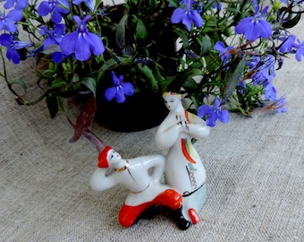 Vintage mini figurine porcelain miniature collectible Folk Souvenir painted porcelain Ukrainian dancing man woman home decor small figurine