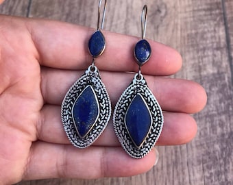 Afghan Vintage Earrings, lapis lazuli earrings, lapis earrings, big tribal earrings, tribal jewelry, turquoise hoop earrings, boho gypsy