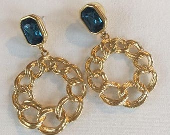Vintage Blue Stone and Gold Pierced Earrings
