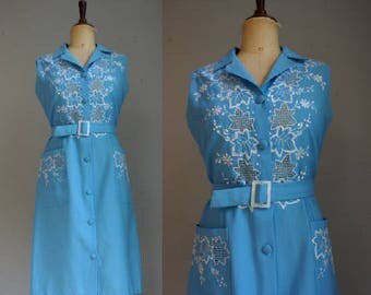 Sky Blue Embroidered 1960s Shirtwaist Dress