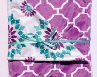 Double Minky baby blanket, Toddler girl blanket, Purple and teal baby blanket, Purple and teal crib blanket