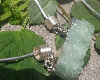 Druzy agate bar teal mint ear weights stone jewelry ear stretchers ear hangers OOAK silver wire coil closures stretched ears gauges plugs