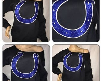 ON SALE Colts glitter off the shoulder Sweatshirt | Indianapolis colts bling sweatshirts | Colts sweatshirts