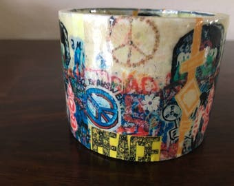 Chunky Plastic Bangle Bracelet with Peace Art Work Glossed Paper Mache