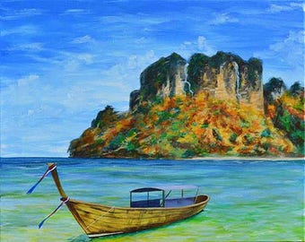 Original Seascape Painting Canvas, Nature Acrylic Painting, Sailing Painting, Realistic Seascape Painting, Peaceful Shore, Lotus With Love